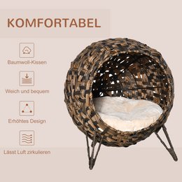 Domek dla kota z rattanu z poduszkami, miejsce do spania dla kota, jaskinia dla kota z podniesionymi nóżkami, srebrnoszary, Ø52 x 58 cm