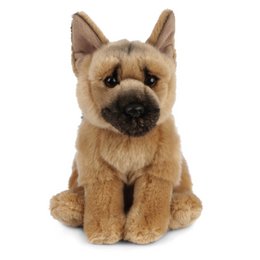 Plush German Shepherd dog with soft, realistic fur and detailed facial features. Suitable for cuddling and display.