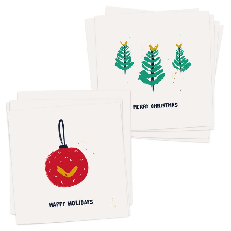 Set 10 Christmas cards with envelope | HOLIDAYS | christmas ball - christmas trees - december - merry christmas - 2 designs | folded card - matte off-white - heavy quality Biotop paper