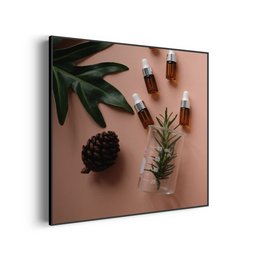A square painting featuring a tropical leaf, a pine cone, and several glass bottles against a pink background.