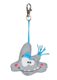 A cute and whimsical monster-themed keychain in shades of gray and blue, with large eyes and a friendly expression. The keychain features a carabiner clip for easy attachment to bags, keys, or other items.