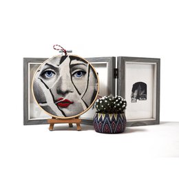 Handmade Embroidery Hoop Wall Art - "Iconic Lina" Collection (Fornasetti Inspired) - Textile Wall Art Decoration 15cm