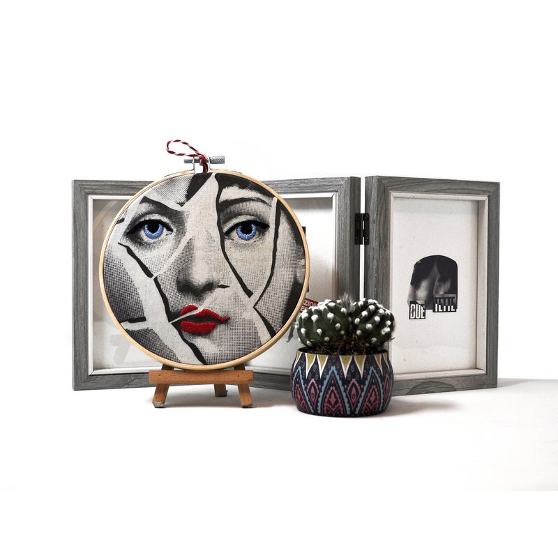 Handmade Embroidery Hoop Wall Art - "Iconic Lina" Collection (Fornasetti Inspired) - Textile Wall Art Decoration 15cm