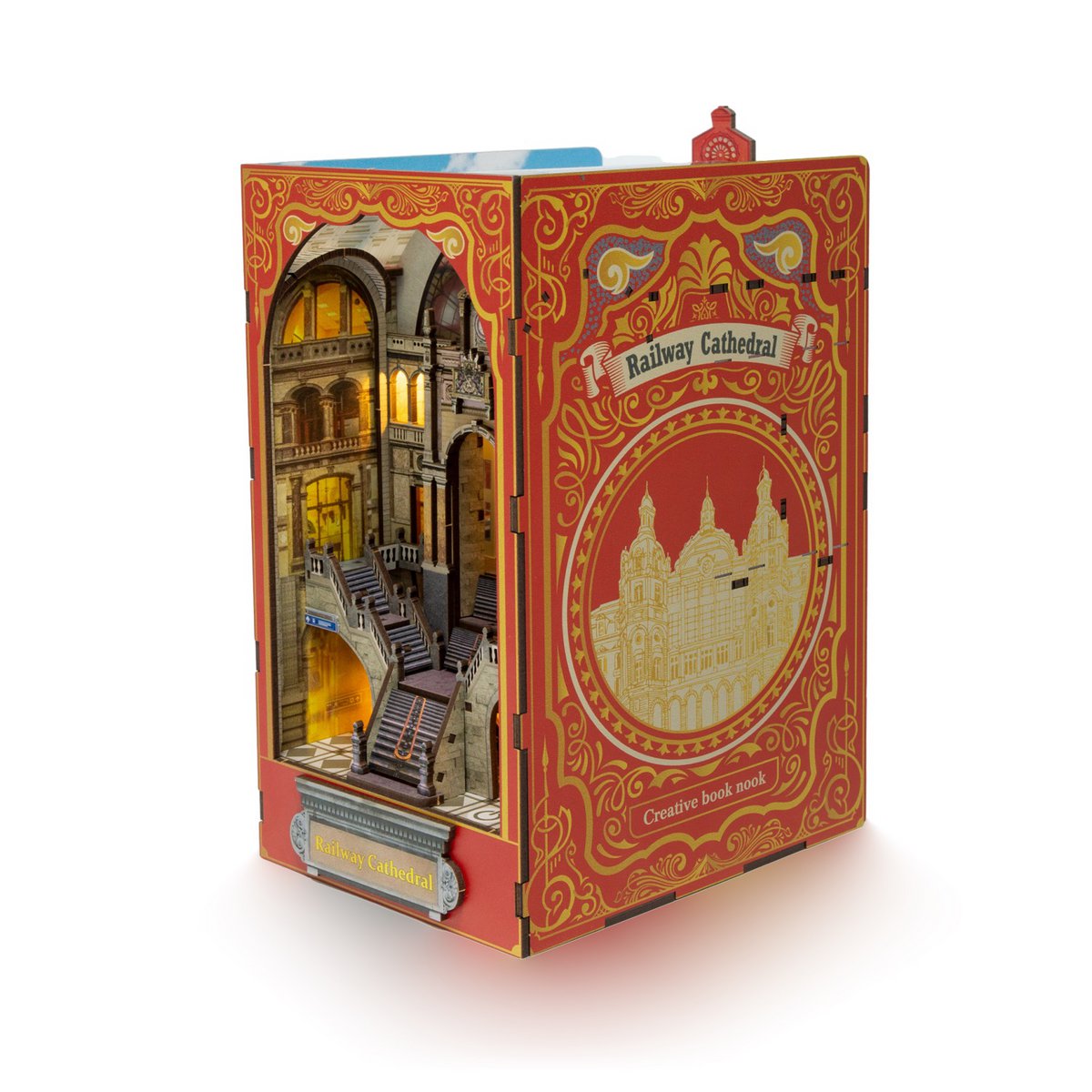 Construction kit 3D DIY Bookend Booknook Railway Cathedral with LED light sensor