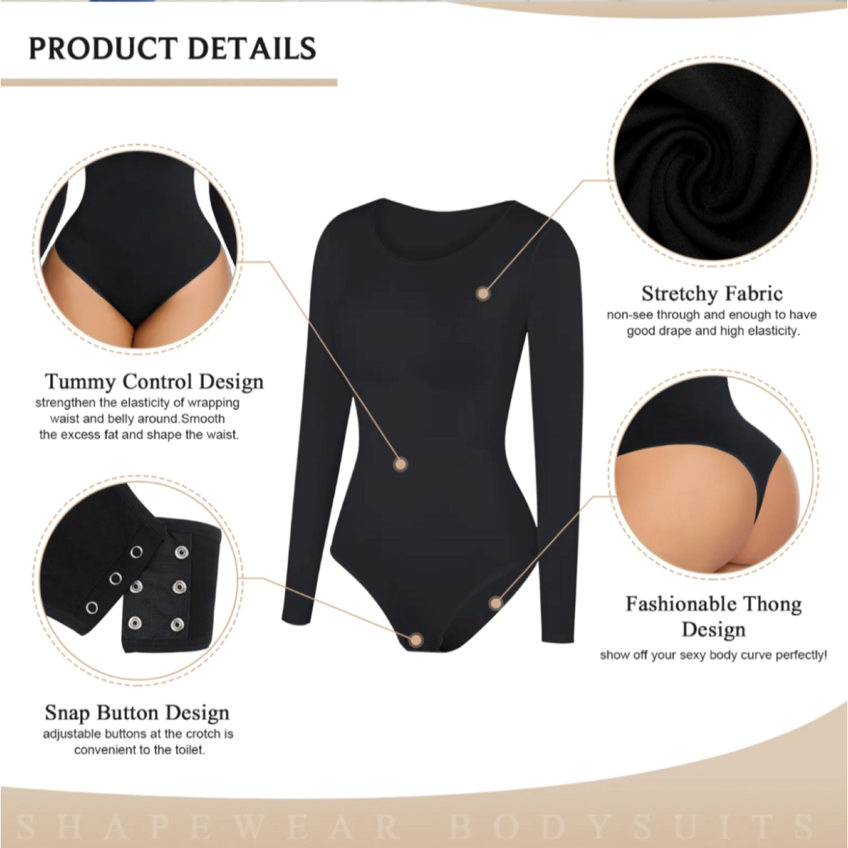 Bodysuit Shapewear - Sort - Rund halsudskæring - Langærmet