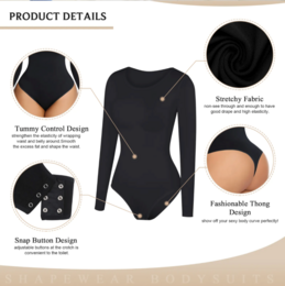 Bodysuit Shapewear - Sort - Rund halsudskæring - Langærmet