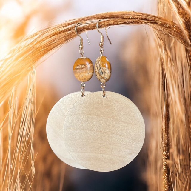Minimalist Earrings: Natural Wood Discs, Mother-of-Pearl & Jasper Beads — Stainless Steel — Boho-Ethno Style