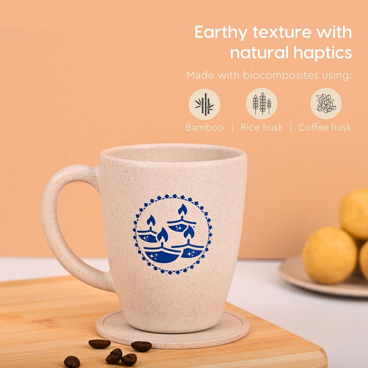 Cesti regalo Ecofy Earth Friendly Diwali | Tazza stampata Diya, sottobicchiere, portachiavi, candela, sacchetto regalo, biglietto