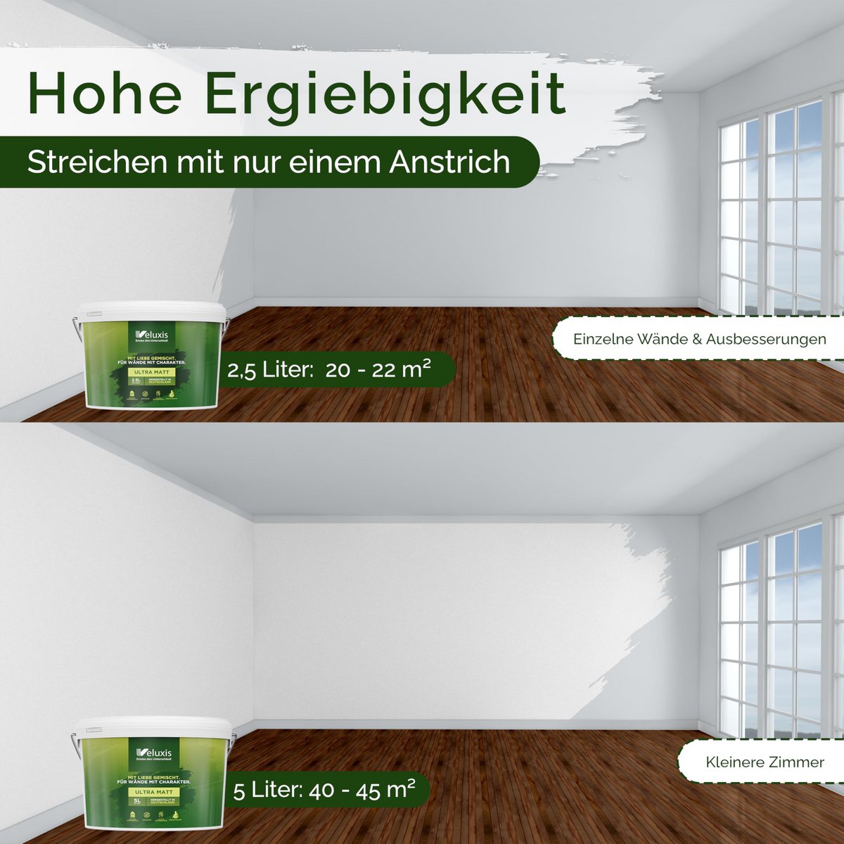 Veluxis® Wandfarbe Grau für den Innenraum - 2,5 Liter & Deckkraft-Klasse 1, Streifenfrei, tropfarm & Öko Farbe, VOC-frei - (Asian Noodles)
