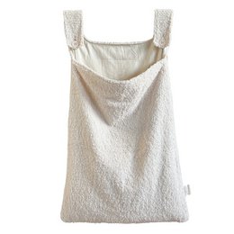  Soft, plush storage bag in taupe or beige color with teddy bear fabric, suitable for storing children's items.