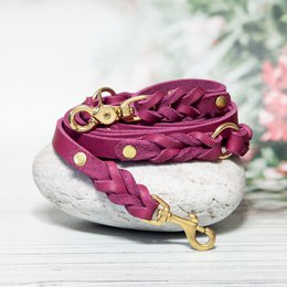 Leather leash for dogs | Pink berry | Dog leash | Length 225 cm | 3-way adjustable | Handcrafted