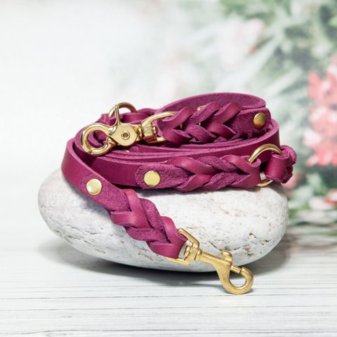 Leather leash for dogs | Pink berry | Dog leash | Length 225 cm | 3-way adjustable | Handcrafted