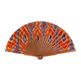 Orange und blau Seidenhandlüfter mit Bocapi Holz und Ikat -Druck
