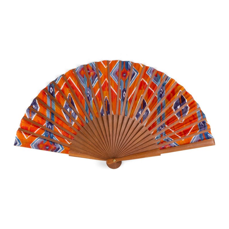 Orange und blau Seidenhandlüfter mit Bocapi Holz und Ikat -Druck