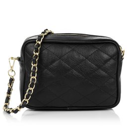  A black, quilted leather shoulder bag with a gold-tone chain strap and zipper closure. The bag features a classic, stylish design suitable for everyday use.