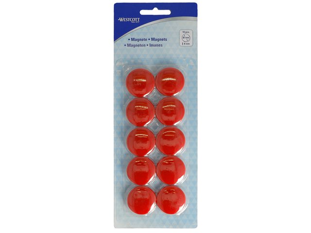 Magneet Westcott rood pak à 10st. Ø 30mmx8mm, 900g cap: 6-8 vel 80g papier