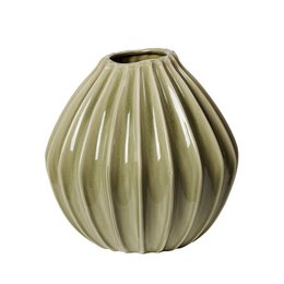  Dry sage green wide ribbed ceramic vase, round bulbous shape, modern minimalist design, set of two