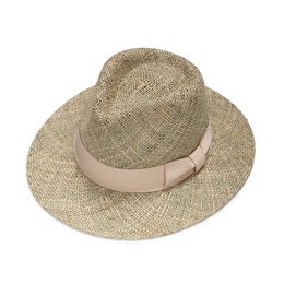 Straw fedora hat with a beige band, suitable for summer wear.