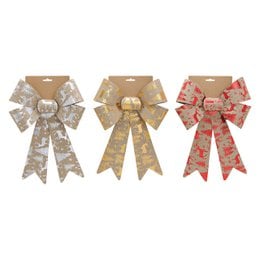Decorative gift bow made of plastic material in beige, red, and gold colors. Measures 26 x 40 x 7 cm.