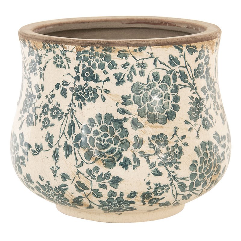 Blumepot Ø 15x13 cm Beige grün Keramik Blumenpot im Inneren