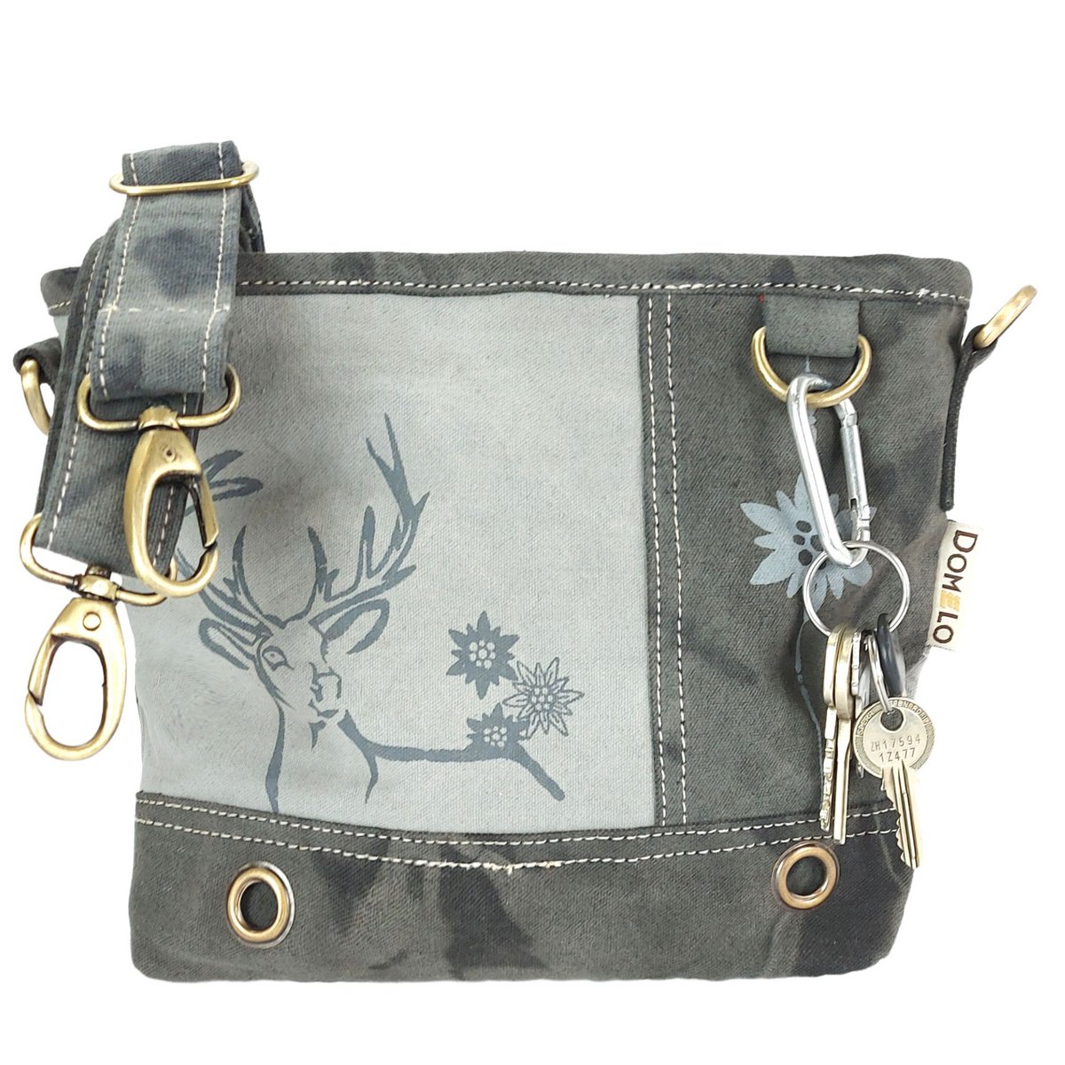 Traditionele tas van Domelo. Veganistische canvas schoudertas met bedrukt hert/edelweiss-motief