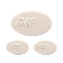 A set of three natural soap bars from Living Pure Natural, featuring the brand's logo and text. The soap bars appear to be oval-shaped and off-white in color.