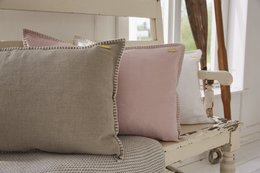Linen cushion cover in neutral colors of white, light gray, beige, rose, aqua blue-turquoise, and sage. Features decorative stitching detail. Measures 40cm x 60cm.