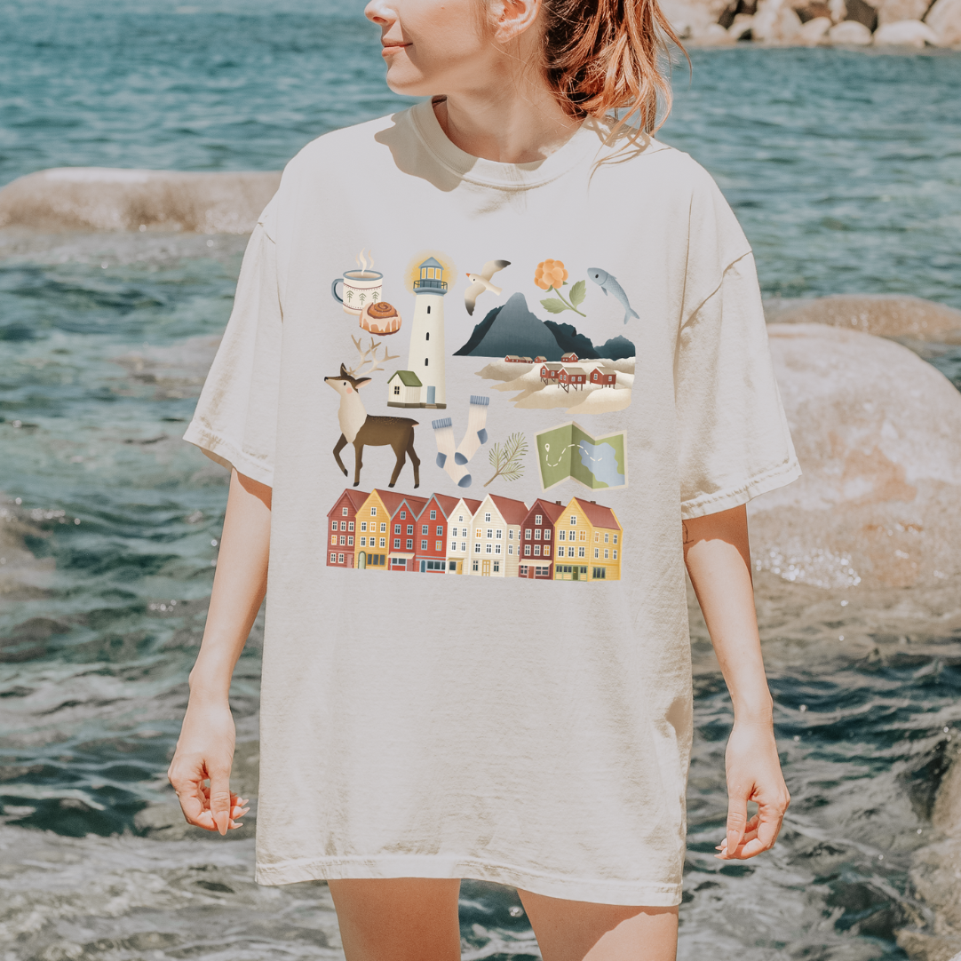 Camiseta Noruega Trip Escandinavia - Camisa de casas de algodón orgánico Casas - Souvenir de Noruega