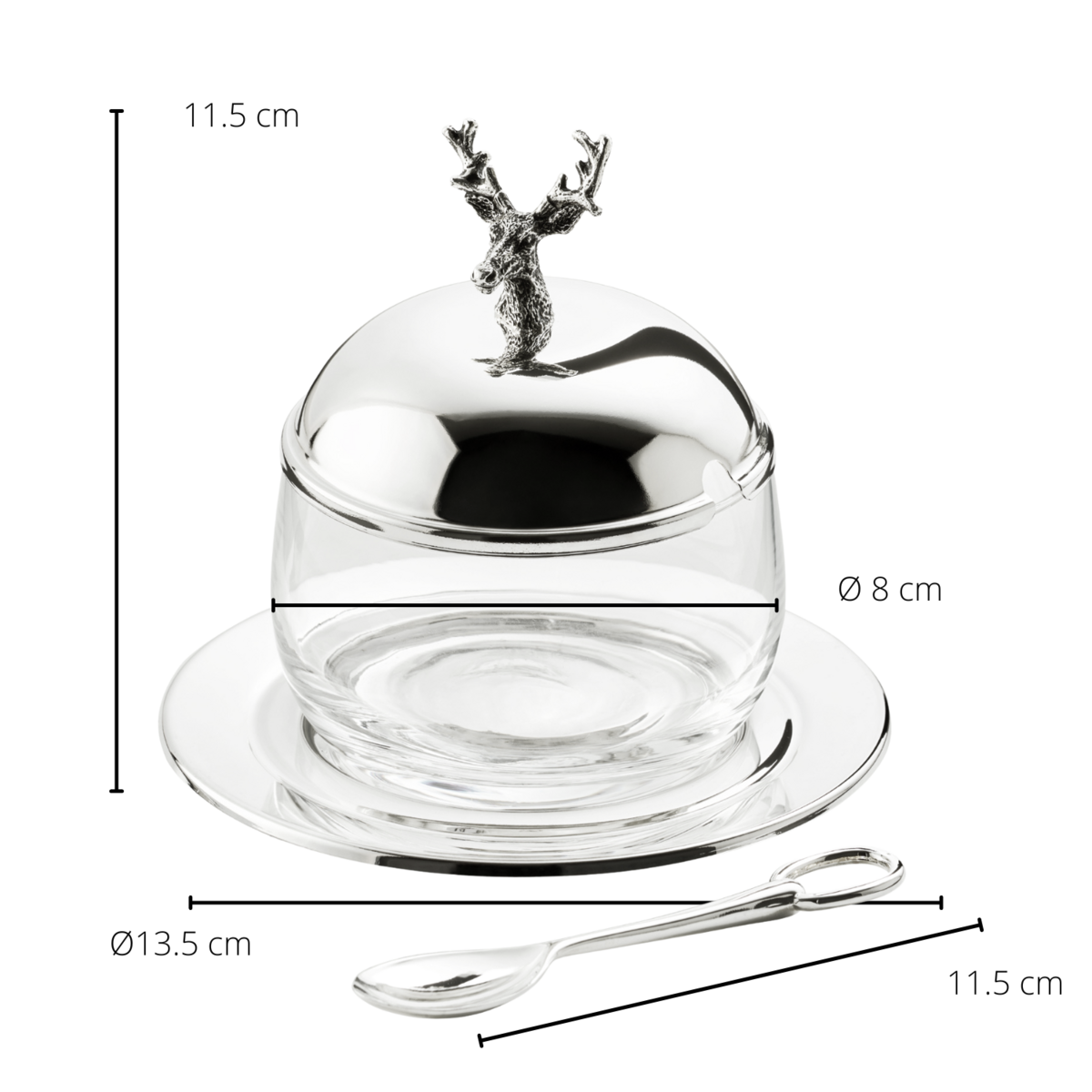 EDZARD jam jar deer with saucer and spoon, silver-plated, height 11 cm, ø 14 cm, ø glass 10 cm