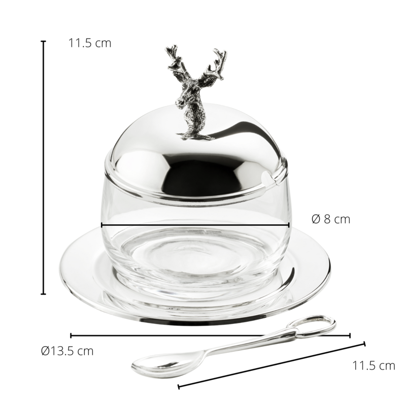 EDZARD jam jar deer with saucer and spoon, silver-plated, height 11 cm, ø 14 cm, ø glass 10 cm