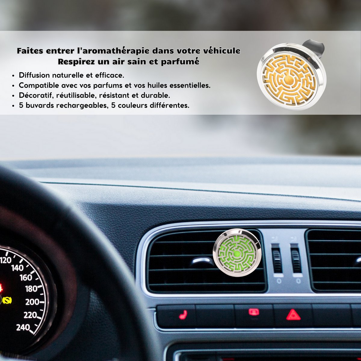 Diffusor voor auto Clip'Arôme - labyrint - in roestvrij staal met blotters - decoratief aromatherapie-accessoire - cadeau-idee