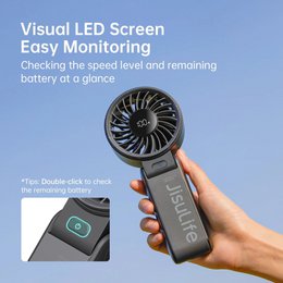 JISULIFE Tragbarer Handventilator mit LED-Anzeige, 5 Geschwindigkeiten, 5000 mAh, 150° gefaltet, 3-in-1-Hand-/Schreibtisch-/Hals-Multifunktionsventilator