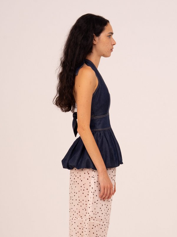 Top allacciato a palloncino in denim fulvo