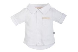 White short-sleeved shirt with a red bow tie and brown shorts. Suitable for a baby or toddler boy.