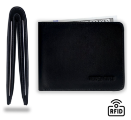 Black leather RFID-blocking wallet with 9 card slots, designed as a stylish and secure billfold for men.