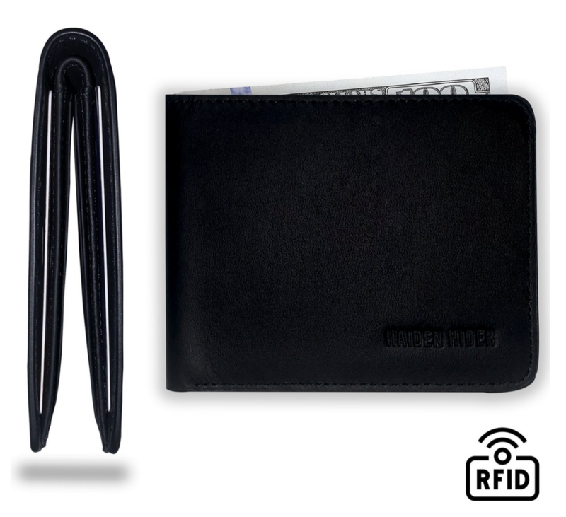 Portfel RFID i NFC - Czarny skórzany portfel antypoślizgowy - 9 kart - Prezent dla mężczyzn - Billfold