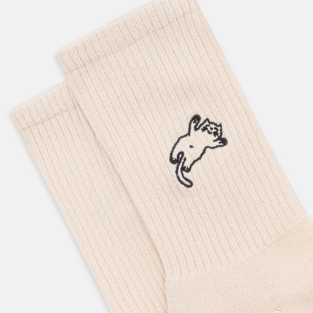 Organic Socks Cat Nap - Naturel witte tennissokken met kat, borduursel