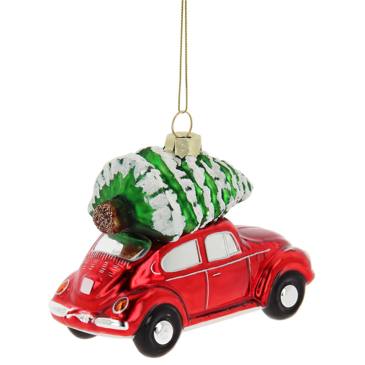Volkswagen VW Beetle Glasdekoration/Weihnachtsschmuck in Geschenkbox – Rot mit Baum