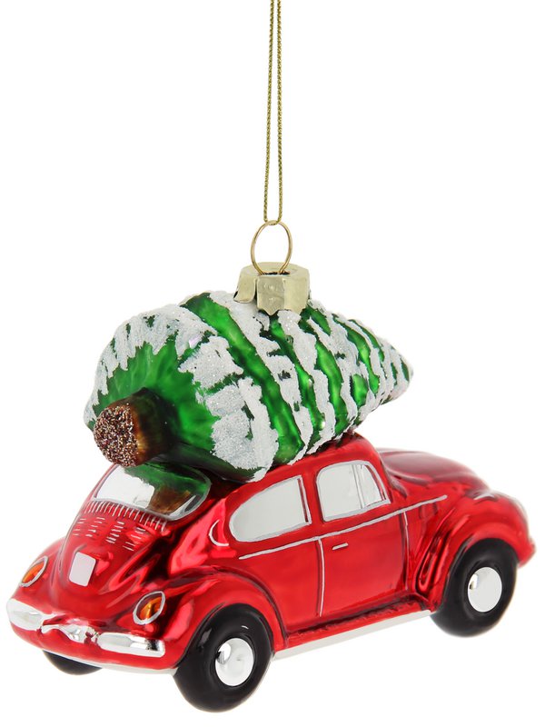 Volkswagen VW Beetle Glasdekoration/Weihnachtsschmuck in Geschenkbox – Rot mit Baum