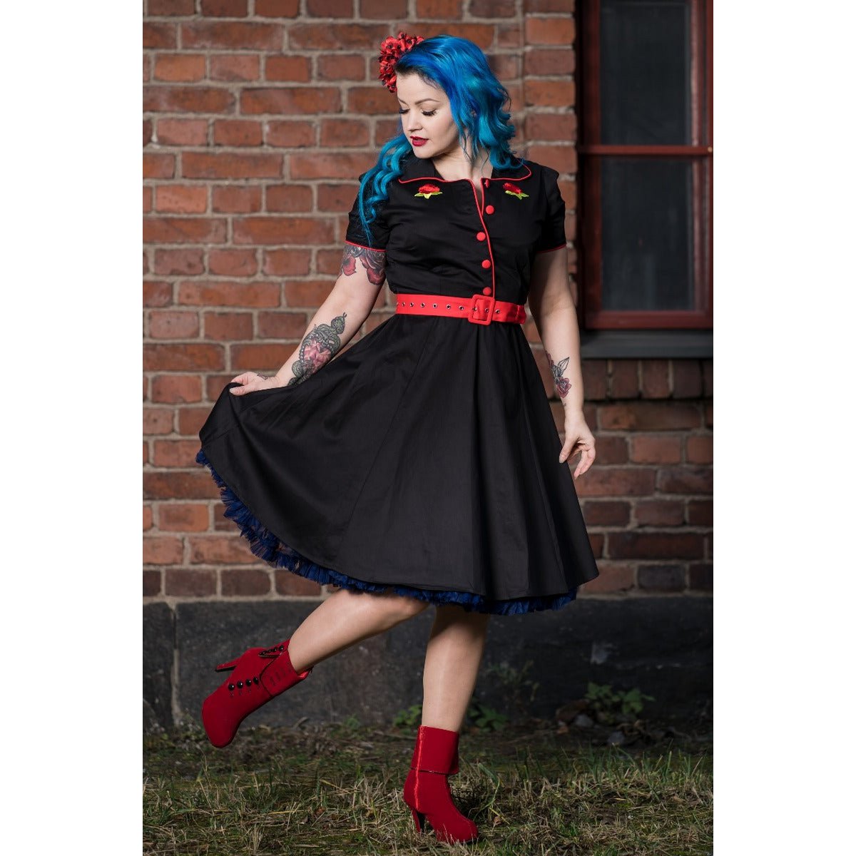 EU Stock Sherry Rockabilly Diner kjole i sort/rød
