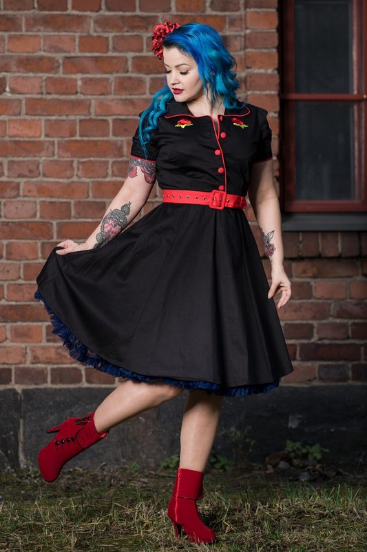 EU Stock Sherry Rockabilly Diner kjole i sort/rød