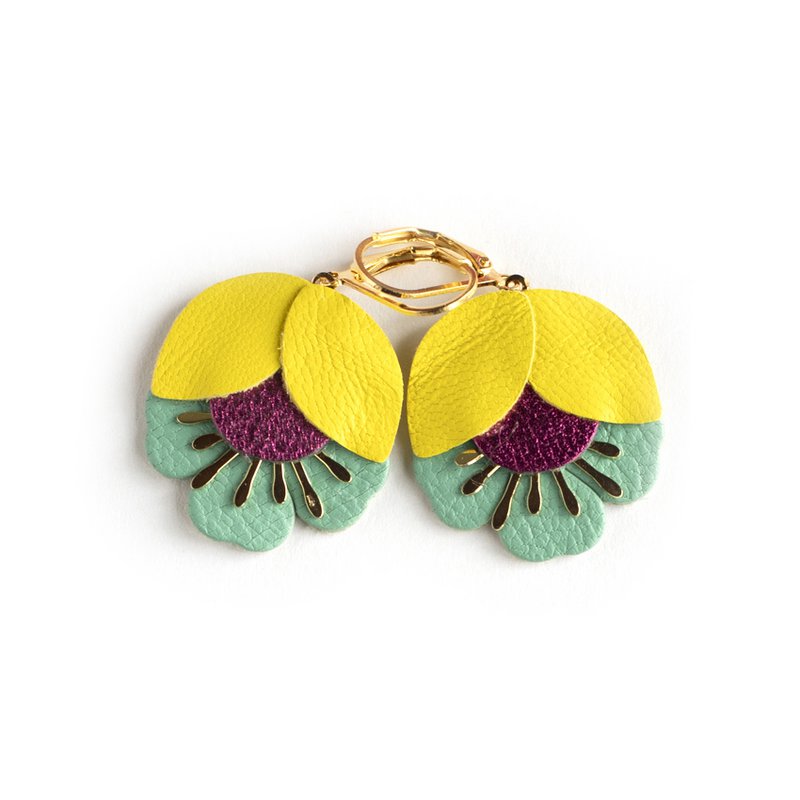 Pendientes Cherry Blossom - cuero amarillo, rosa frambuesa metálico, azul esmerilado