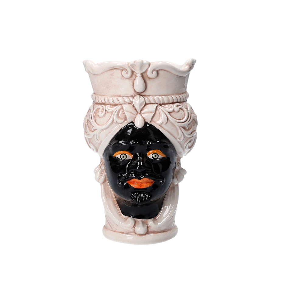 Antike schwarze Männerkopfvase aus Keramik, H 20 x Ø 14 cm