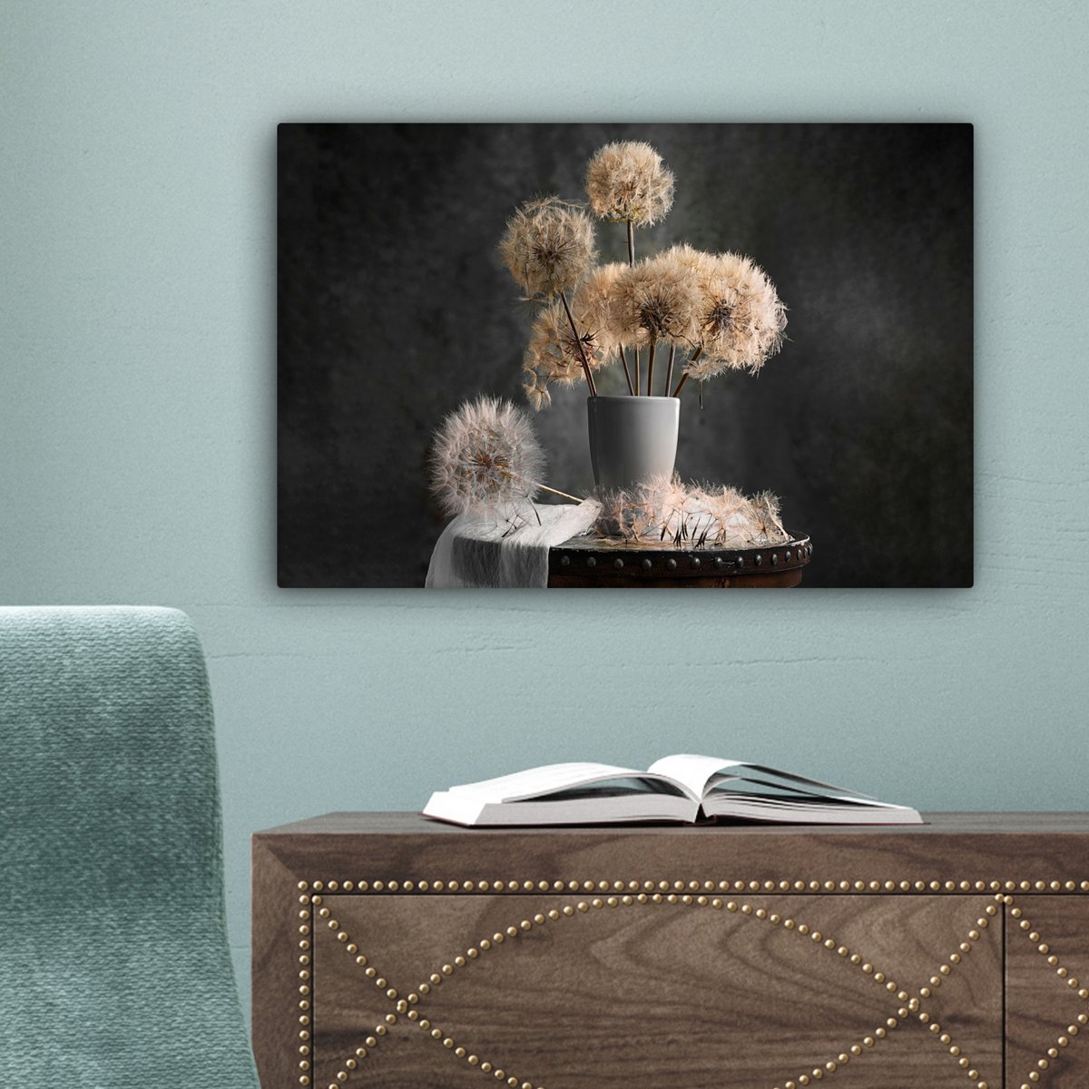 Leinwand Malerei - Wanddekoration - Blumensamen - Löwenzahn - Vase - Stillleben - Bouquet
