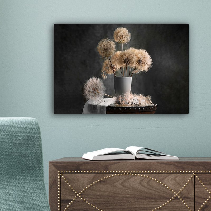 Lærredsmaleri - vægdekoration - blomsterfrø - mælkebøtte - vase - stilleben - buket