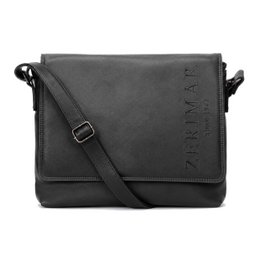 Black leather messenger bag, shoulder strap, rectangular shape, professional briefcase style.