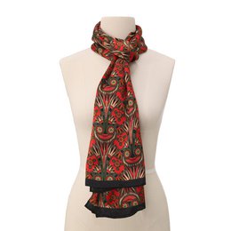 Art Nouveau Bufanda de seda roja con flores verdes y dorados Azteca