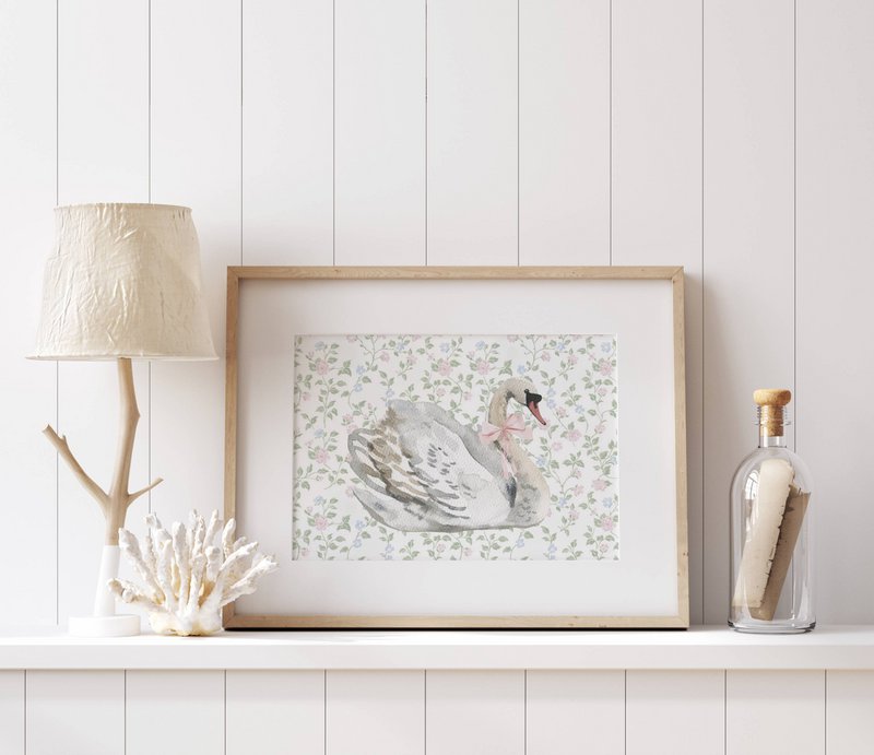 Swan avec affiche de rose rose, affiche de cygne vintage, imprimé rose, affiche de bows de filles, affiche de chambre de filles roses, affiche de crèche pour filles