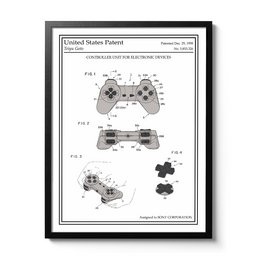 This black and white patent poster features the design of a Playstation controller. The poster showcases the various components and features of the iconic gaming controller, including the buttons, joysticks, and overall shape. This product would be suitable for gaming enthusiasts and collectors interested in the history and design of Playstation hardware.