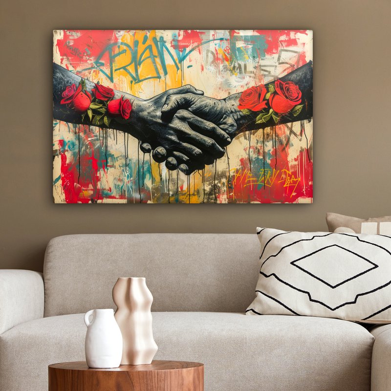 Canvas schilderij - Wanddecoratie Graffiti - Rozen - Handen - Street art - Muurdecoratie woonkamer - Slaapkamer decoratie - Kamer accessoires - Schilderijen op canvas